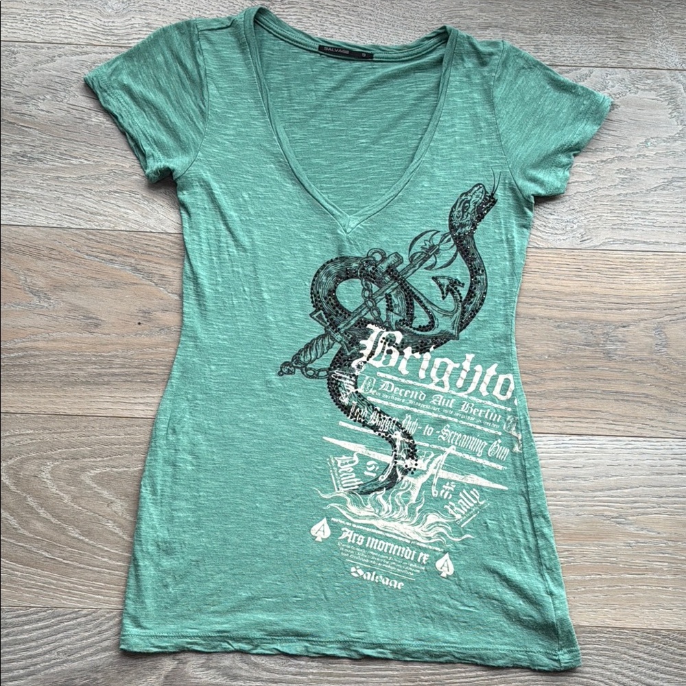 Salvage Low V-Neck Teal T-Shirt w/Black Beaded Reptile Graphic 💯Rayon Made USA-S